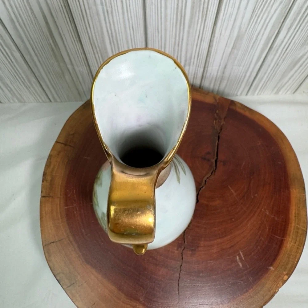 Vtg 1975 A.C. Perry Hand Painted Porcelain Rose Ewer Pitcher Bud Vase Gold Trim